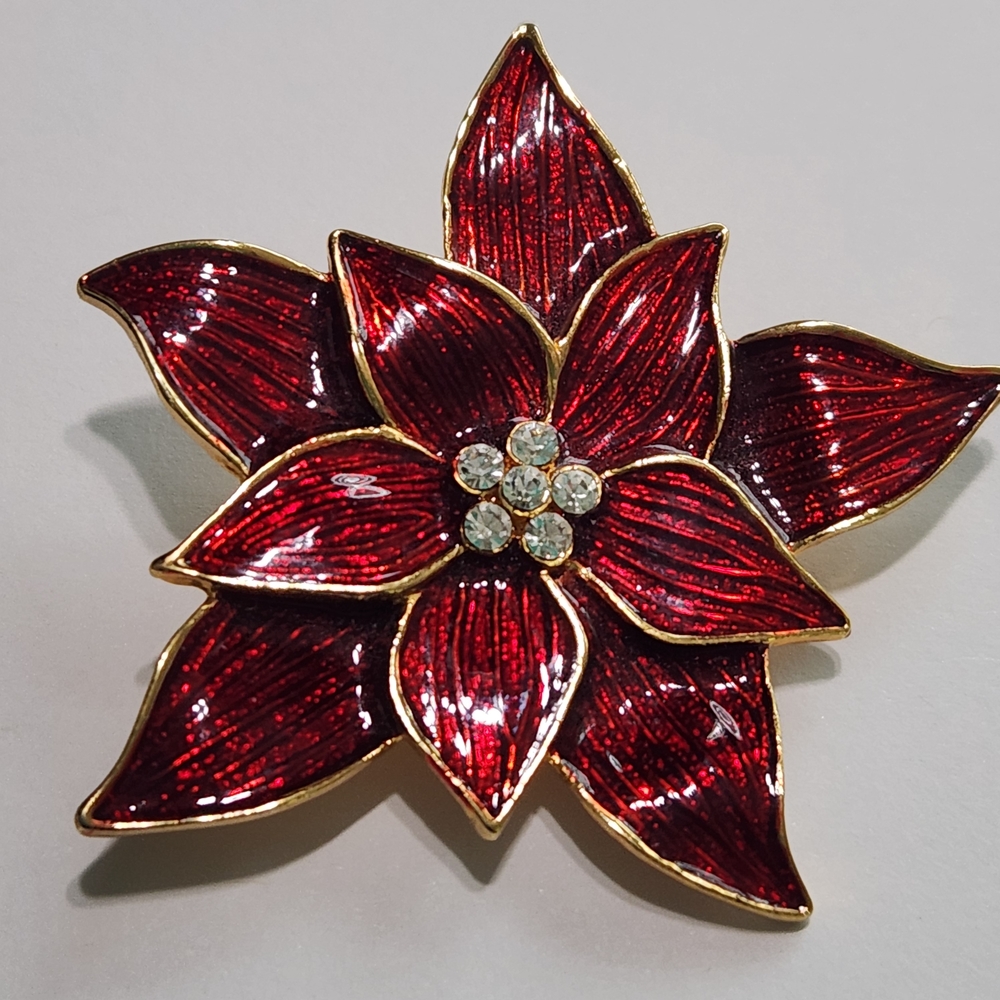 Vintage Eisenberg Ice Red Enamel & Rhinestone Poinsettia Flower Brooch - Picture 2 of 5